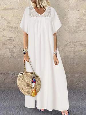 Lace Stitch Solid Short Sleeve V-neck Loose Maxi Dress