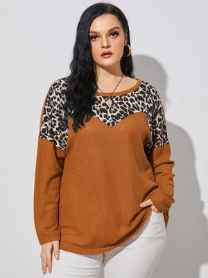 Plus Size Leopard Waffle Knit Patchwork Knitwear