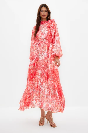 Trendyol Red Floral Patterned Lined Long Chiffon Evening Dress