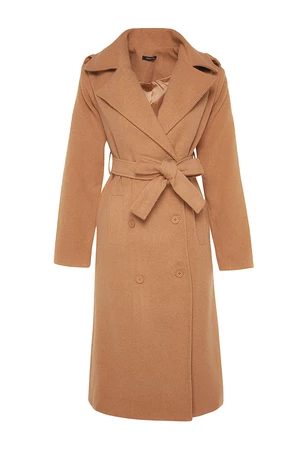 Trendyol Camel Belted Epaulette Detail Long Wool Cachet Coat