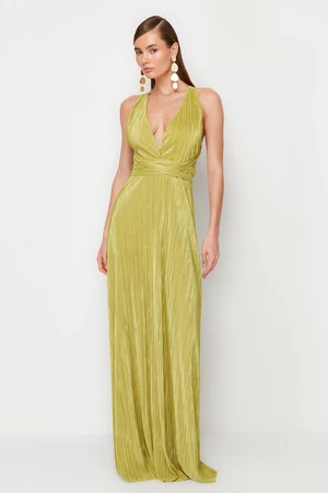 Trendyol olejovo zelené plisované šaty s detailom opasku, pletené dlhé večerné šaty