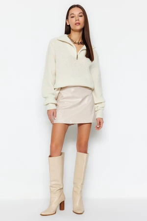 Trendyol Beige Faux Leather Mini Woven Skirt