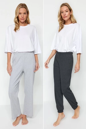 Trendyol 2-balenie šedé-antracitové rebrované bavlnené pletené pyžamové nohavice