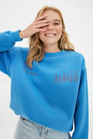 Trendyol Blue Crew Neck Basic Fit Printed Thick Fleece Inside Knitted Sweatshirt