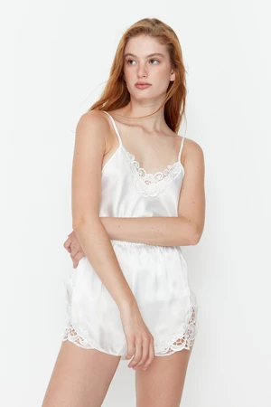 Trendyol Ecru Lace Detailed Rope Strap Satin Woven Pajama Set