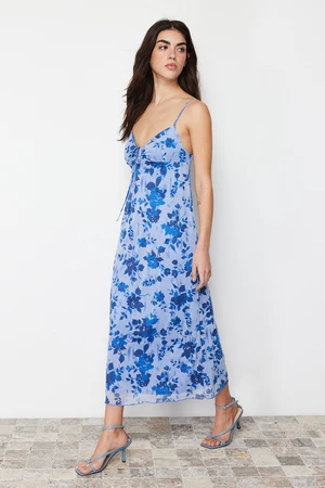 Trendyol Blue Floral Printed Maxi Size Heart Collar