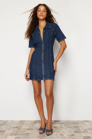 Trendyol Dark Blue More Sustainable Zippered Fitted Mini Denim Dress