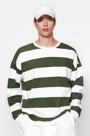 Trendyol Green Unisex Oversize Crew Neck Striped Sweatshirt with a Soft Pile Inside Cotton.