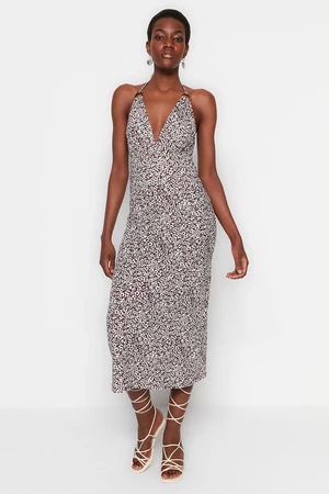 Trendyol Brown Floral Print Halter Neck A-Line Maxi Knit Dress With Accessory Detail