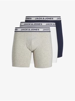 Jack & Jones Sada tří pánských boxerek ve světle šedé, bílé a tmavě modré bar - Pánské