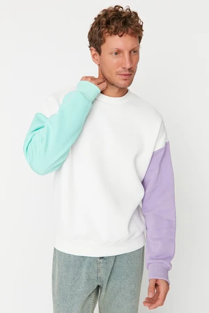 Trendyol Men's Ecru Oversize Fit Long Sleeve Crew Neck Paneled Sweatshirt