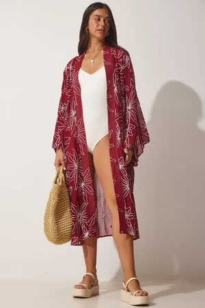 Happiness İstanbul Women's Claret Red Embroidery Long Tulle Kimono