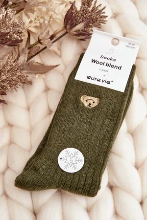 Women's thick socks with teddy bear, dark green