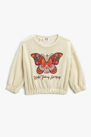 Koton Girls' Embroidered Butterfly Ribbed Round Neck Crop Sweatshirt