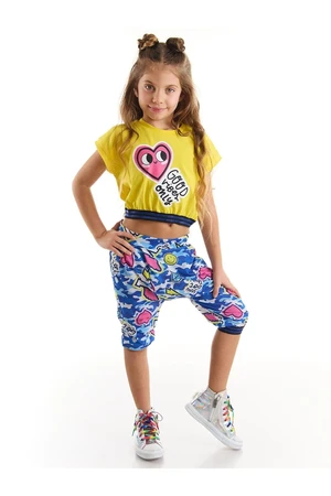 Mushi Heart To Heart Girls' Crop Top Yellow T-shirt Blue Capri Shorts Set