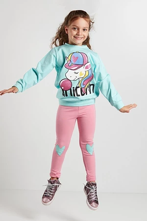Denokids Bubble Unicorn Girl Child Blue Sweatshirt Pink Leggings Set.