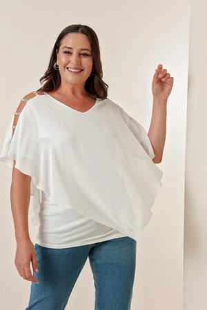 By Saygı Chiffon Plus Size Lycra Blouse with Beaded Stripes on the Sleeves