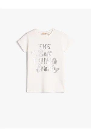 Koton T-Shirt with a Shiny Print Ribbed Short Sleeves Crew Neck Cotton
