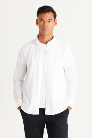 AC&Co / Altınyıldız Classics Men's White Tailored Slim Fit Slim-fit Oxford Buttoned Collar Linen-Looking 100% Cotton Flared Shirt.
