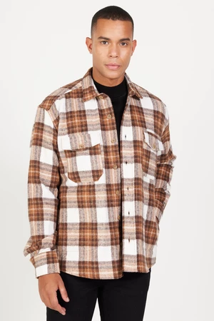 AC&Co / Altınyıldız Classics Men's Ecru Brown Oversize Loose Cut Button Collar Pocket Plaid Patterned Lumberjack Winter Shirt Jacket