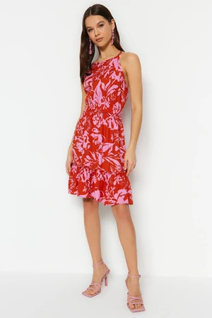 Trendyol Red Waist Fitted Mini Woven Tropical Patterned Woven Dress