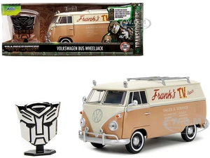 Volkswagen Bus "WheelJack" Tan and Beige "Franks TV Repair" and Transformers Logo Diecast Statue "Transformers Rise of the Beasts" (2023) Movie "Holl