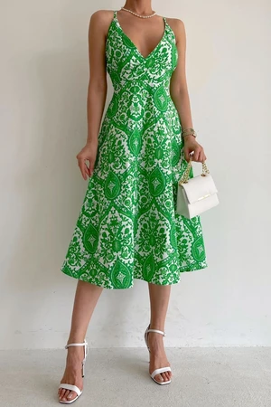 Madmext Green Patterned Decollete Midi Length Dress