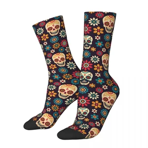 Fashion Day Of The Dead Halloween Sports Socks Sugar Skull Flower Polyester Middle Tube Socks for Unisex
