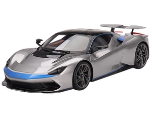 2019 Automobili Pininfarina Battista Grigio Luserna Silver Metallic with Iconica Blu Blue Accents and Black Top "World Premiere" 1/18 Model Car by To