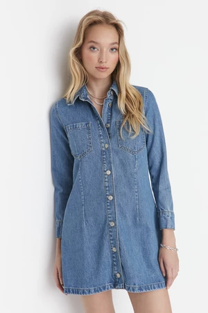 Trendyol Blue Long Sleeve Stitching Detail Mini Denim Dress