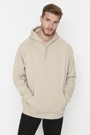 Trendyol Beige Men's Basic Oversize Fit Sweatshirt with a Hoodie and Pillows.