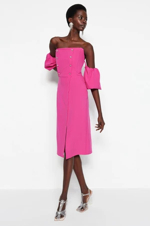 Trendyol Fuchsia Fitted Elegant Evening Dress with Woven Accessories