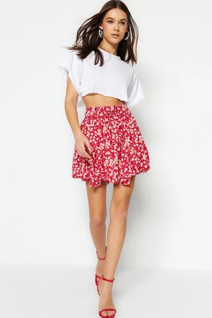 Trendyol ružová sukňa s kvetinovým vzorom, normálny pás, mini sukňa z krepovej pleteniny s volánikmi