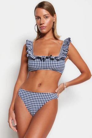 Trendyol Navy Blue Gingham Textured Bralette Flounce Bikini Top