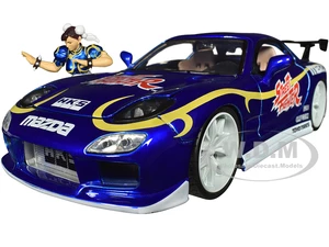 1993 Mazda RX-7 Candy Blue Metallic with Graphics and Chun-Li Diecast Figure "Street Fighter" Video Game "Anime Hollywood Rides" Series 1/24 Diecast