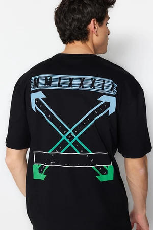 Trendyol Men's Black Wide-Fit Crew Neck Short Sleeve Printed T-Shirt