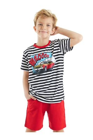 Mushi Wroom Boys' Striped T-shirt with Red Shorts Summer Suit.