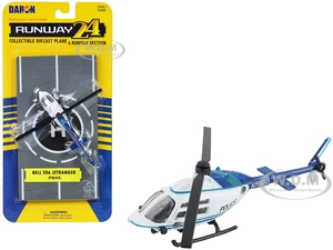 Bell 206 Jetranger Helicopter White and Blue "Police-N70650" with Runway Section Diecast Model by Runway24