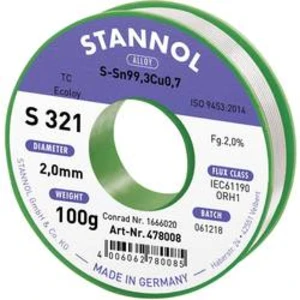 Bezolovnatý pájecí cín Stannol S321 2,0% 2,0MM SN99,3CU0,7 CD 100G, bez olova, cívka, 100 g, 2 mm