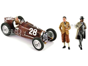 Bugatti T59 28 Tazio Nuvolari Monaco GP (1934) with Driver Mounted and Etorre Bugatti and Jean Bugatti Figures 1/18 Models by Le Mans Miniatures