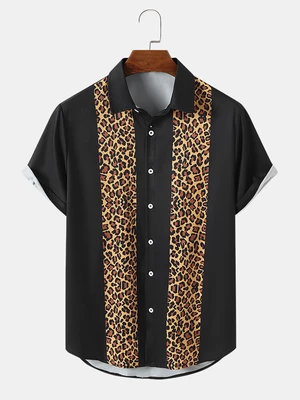 Mens Leopard Print Button Up Lapel Short Sleeve Shirts