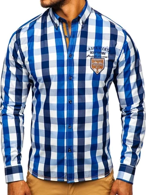 Modrá pánska károvaná košeľa s dlhými rukávmi  Bolf 1766-1