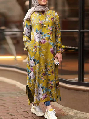 Women Cotton Floral Print Loose Contrast Color Robe Kaftan Split Hem Shirt Dress With Pocket