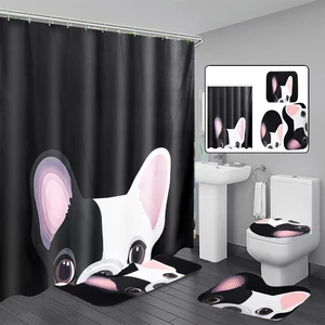 Animal Lovely Dog Printed Shower Curtain Drapes Set Polyester Bath Curtains Toilet Mats