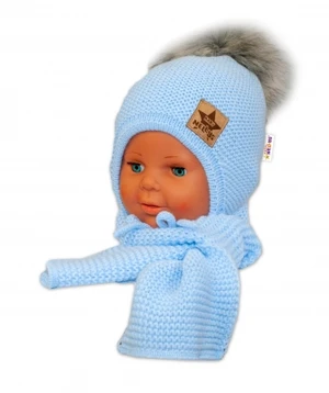 BABY NELLYS Zimní čepička s šálou - chlupáčková bambulka - sv. modrá/šedá, vel. 80-92 (12-24m)