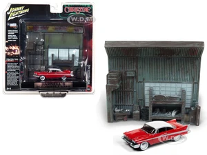 1958 Plymouth Fury Red with "Darnells Garage" Interior Diorama from "Christine" (1983) Movie 1/64 Diecast Model by Johnny Lightning