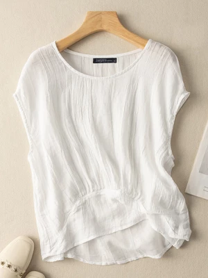 Crew Neck Solid Casual Short Sleeve Blouse For Women