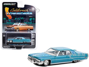 1972 Cadillac Coupe DeVille Custom Light Blue Metallic with White Interior and Graphics "California Lowriders" Series 2 1/64 Diecast Model Car by Gre