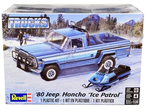 Level 4 Model Kit 1980 Jeep Honcho Pickup Truck "Ice Patrol" with Snowmobile 1/24 Scale Model by Revell