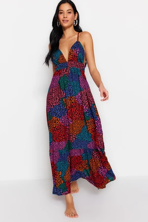 Trendyol Animal Patterned Maxi Woven Beach Dress with Low-Cut Back